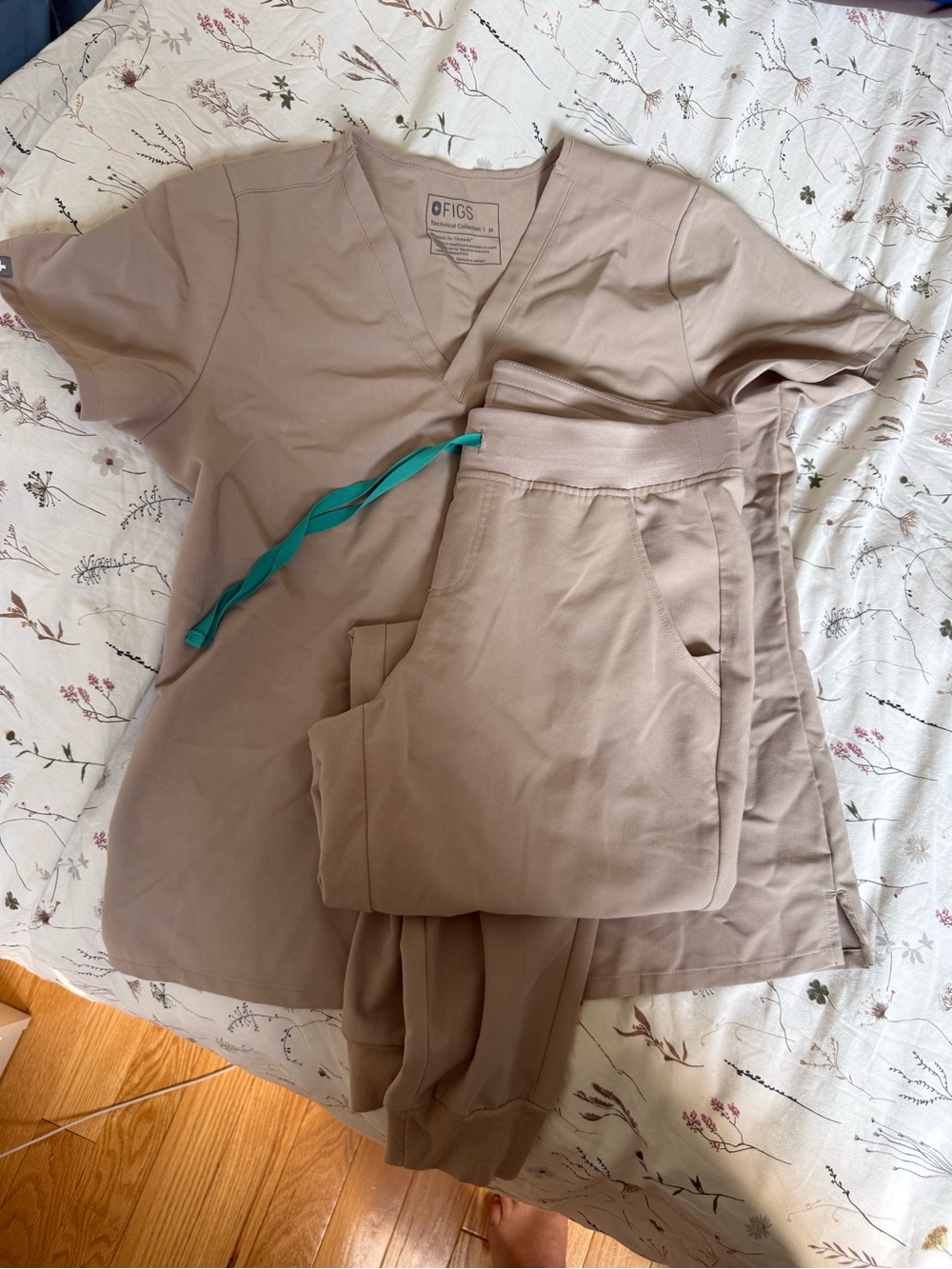 Figs Women's Track Pants & Top in Taupe with Teal Drawstring